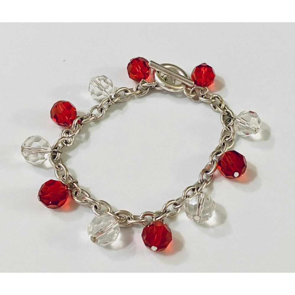 Red & White Glass Beads Silver Toggle Bracelet